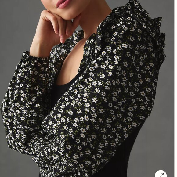 NWT Anthropologie Woven Ruffle Sleeve Sweater - Black Floral - Small - Picture 7 of 11